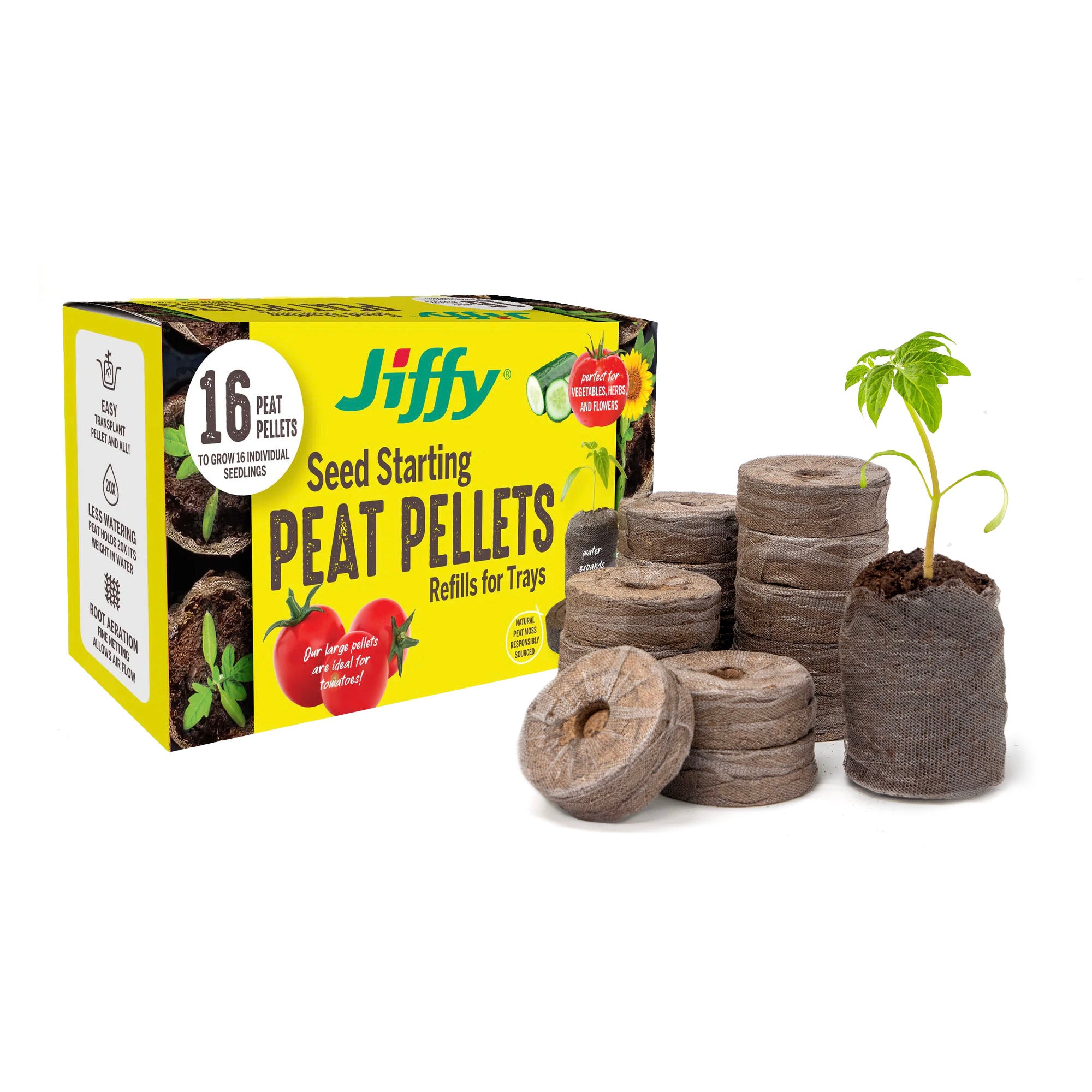 A pack of Jiffy brand peat pellets designed for seed starting. The pellets are shown both in their compact form and expanded after adding water, alongside the product packaging.
